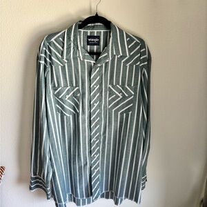 Wrangler Western Snap Shirt Green White Striped Long Sleeve Pearl Snap XL